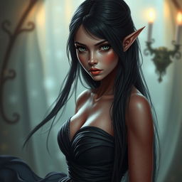 A tiefling female with long black hair cascading down, highlighting her striking grey-blue eyes