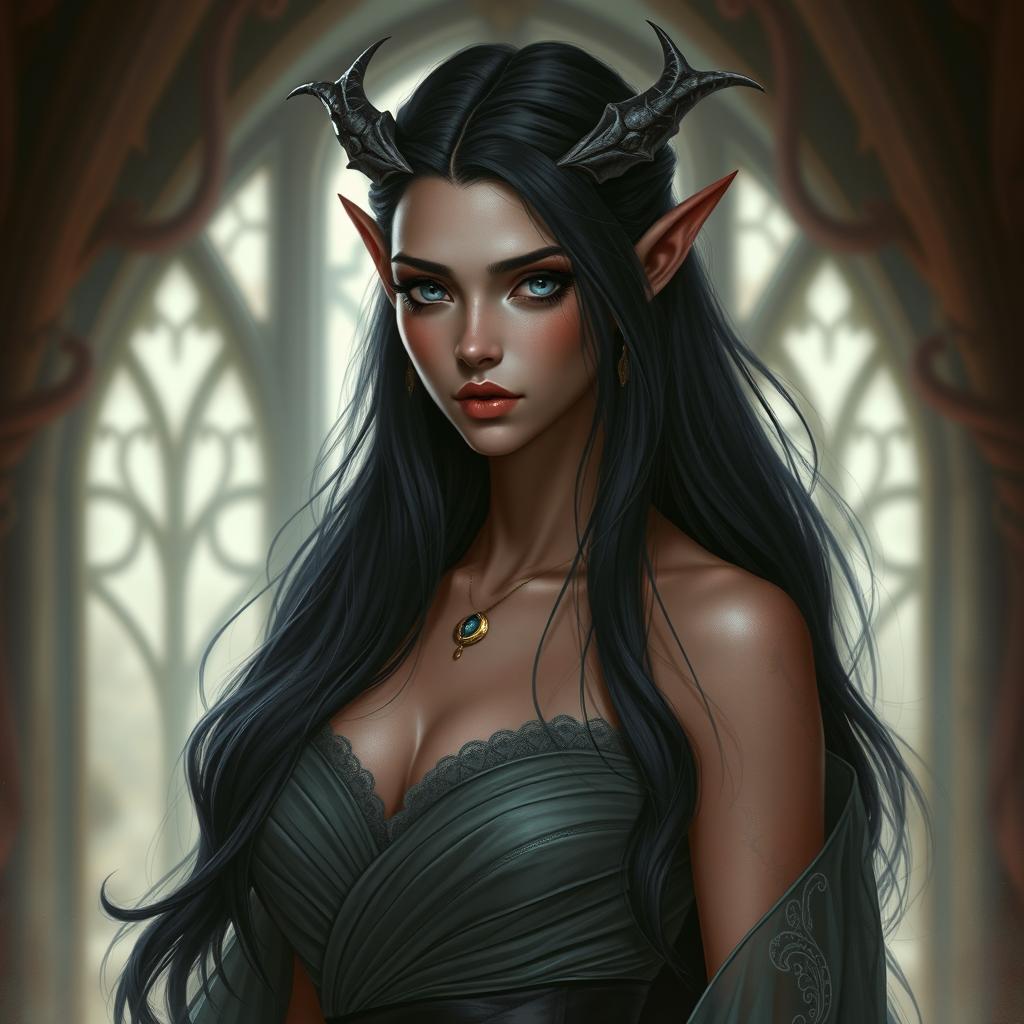 A tiefling female with long black hair cascading down, highlighting her striking grey-blue eyes