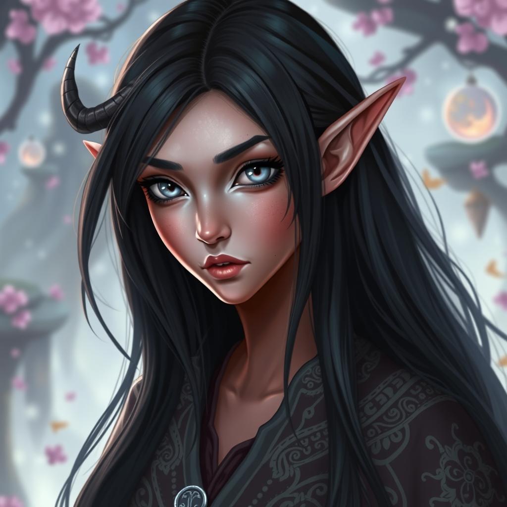 A tiefling female with long black hair cascading down her shoulders, showcasing her striking grey-blue eyes