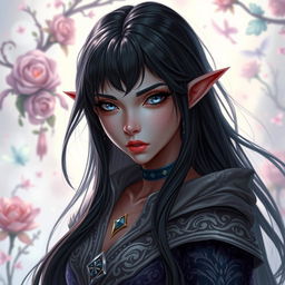 A tiefling female with long black hair cascading down her shoulders, showcasing her striking grey-blue eyes