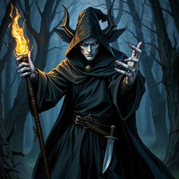 A mysterious and powerful male tiefling wizard with white skin, dressed in dark wizard robes, holding a glowing staff, and with a dagger tucked in his belt