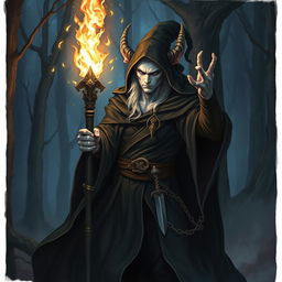 A mysterious and powerful male tiefling wizard with white skin, dressed in dark wizard robes, holding a glowing staff, and with a dagger tucked in his belt