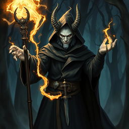 A mysterious and powerful male tiefling wizard with white skin, dressed in dark wizard robes, holding a glowing staff, and with a dagger tucked in his belt