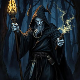 A mysterious and powerful male tiefling wizard with white skin, dressed in dark wizard robes, holding a glowing staff, and with a dagger tucked in his belt