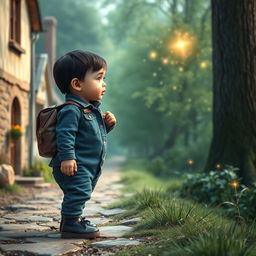 An enchanting scene depicting a 10-month-old baby boy living in a small village