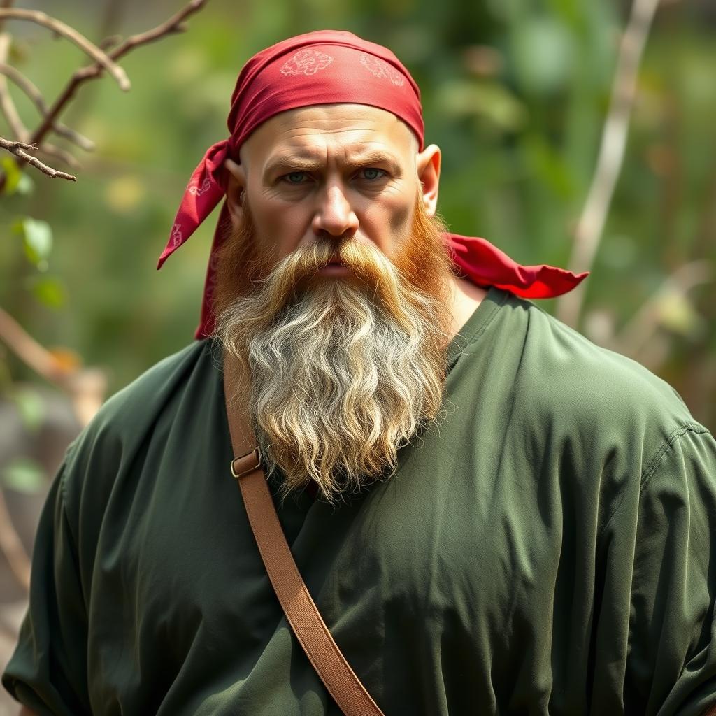 A human male with a shaved head and a thick, but neatly trimmed, white beard