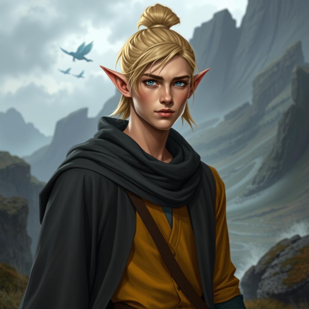 A half-elf male with sandy blonde hair styled in a top-knot, exuding a refined and adventurous aura