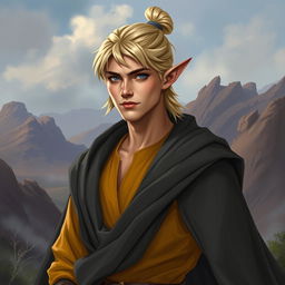 A half-elf male with sandy blonde hair styled in a top-knot, exuding a refined and adventurous aura