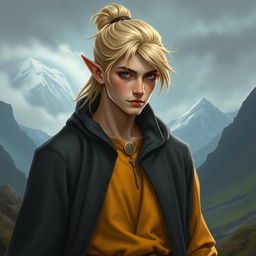 A half-elf male with sandy blonde hair styled in a top-knot, exuding a refined and adventurous aura