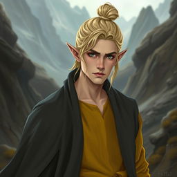 A half-elf male with sandy blonde hair styled in a top-knot, exuding a refined and adventurous aura