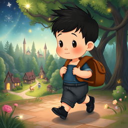 Illustrate a charming children's story scene depicting a 10-month-old baby boy in a small village