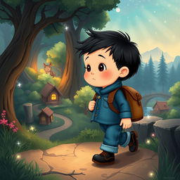 Illustrate a charming children's story scene depicting a 10-month-old baby boy in a small village