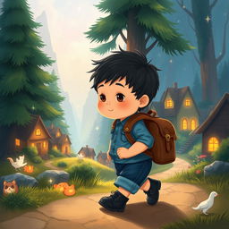 Illustrate a charming children's story scene depicting a 10-month-old baby boy in a small village