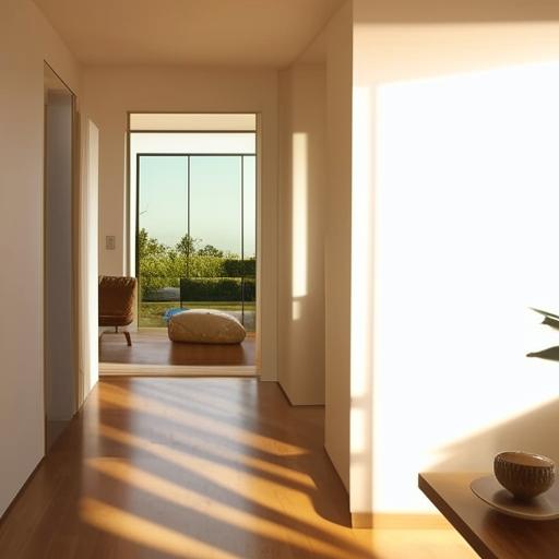 Interior of a modern house featuring sleek lines, minimalistic furniture, and accentuated by pops of color and natural sunlight.