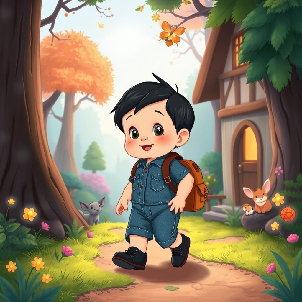 Create a charming Disney-style cartoon illustration featuring a 10-month-old baby boy living in a small village