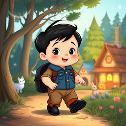 Create a charming Disney-style cartoon illustration featuring a 10-month-old baby boy living in a small village