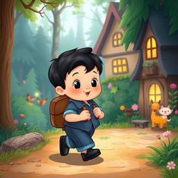 Create a charming Disney-style cartoon illustration featuring a 10-month-old baby boy living in a small village