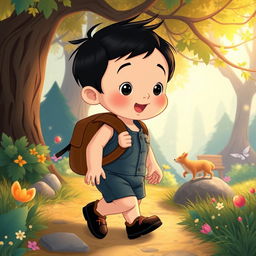 Create a charming Disney-style cartoon illustration featuring a 10-month-old baby boy living in a small village