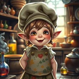 A halfling female with delightful round features in a fantasy setting, emanating warmth and enthusiasm