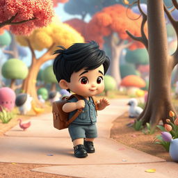 Create a 3D children's story cartoon featuring a 10-month-old baby boy with thick black hair, wearing a denim bumper and black shoes, carrying a leather backpack