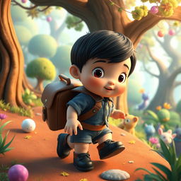 Create a 3D children's story cartoon featuring a 10-month-old baby boy with thick black hair, wearing a denim bumper and black shoes, carrying a leather backpack