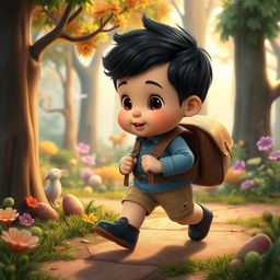 Create a 3D children's story cartoon featuring a 10-month-old baby boy with thick black hair, wearing a denim bumper and black shoes, carrying a leather backpack