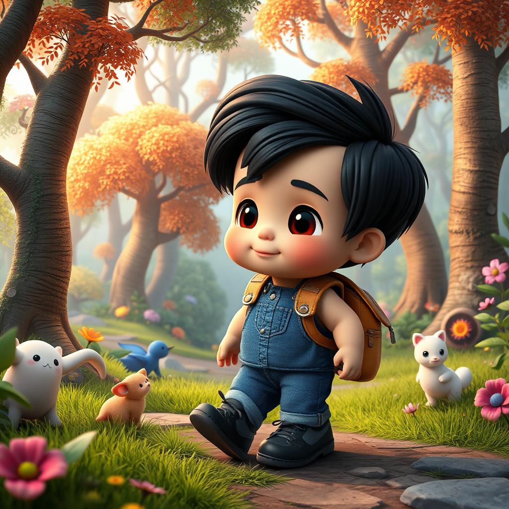 Create a 3D children's story cartoon featuring a 10-month-old baby boy with thick black hair, wearing a denim bumper and black shoes, carrying a leather backpack