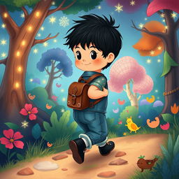 Create an illustration for a children's story featuring a 10-month-old baby boy with thick black hair