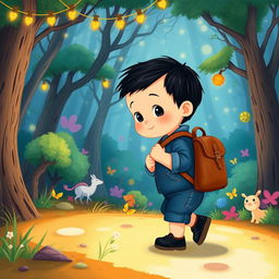 Create an illustration for a children's story featuring a 10-month-old baby boy with thick black hair