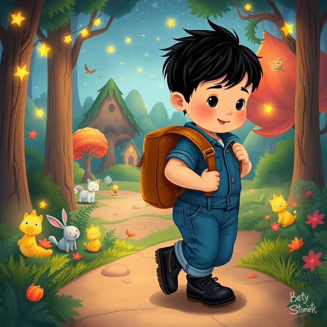 Create an illustration for a children's story featuring a 10-month-old baby boy with thick black hair