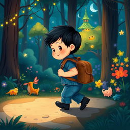 Create an illustration for a children's story featuring a 10-month-old baby boy with thick black hair