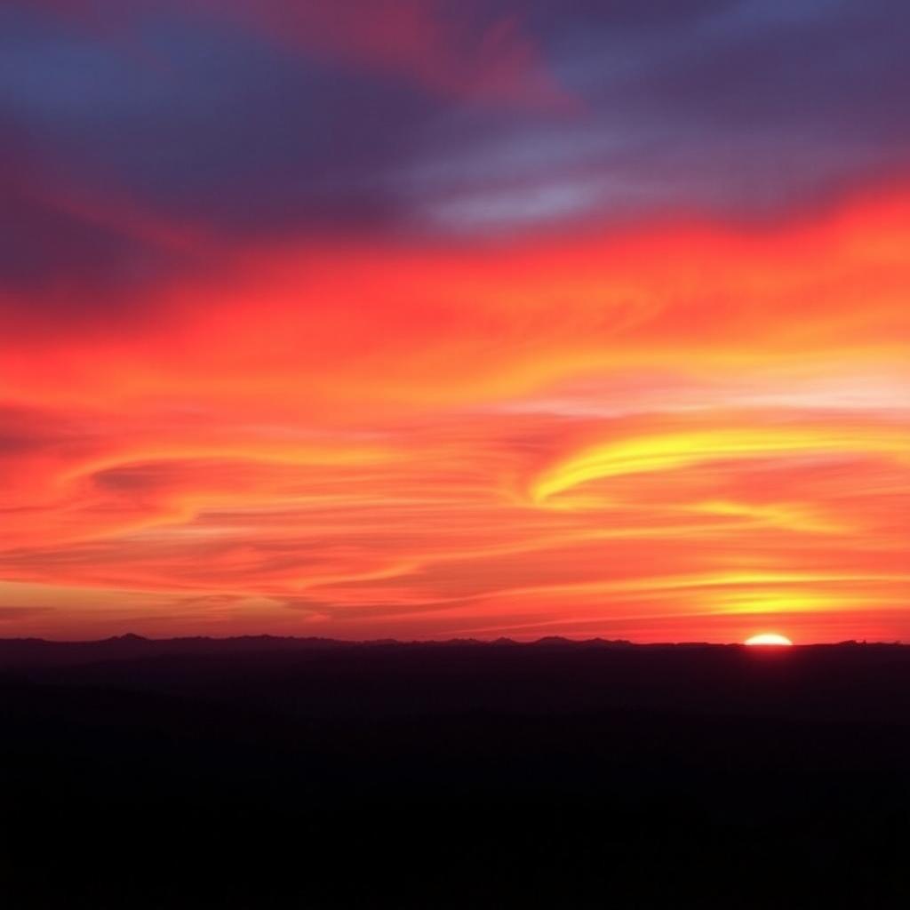 A breathtaking sunrise casting vibrant hot colors across the sky, with a single line of distant mountains silhouetted against the colorful dawn