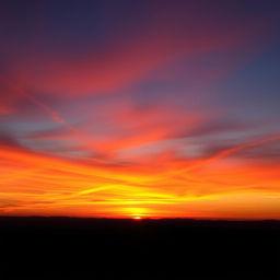 A breathtaking sunrise casting vibrant hot colors across the sky, with a single line of distant mountains silhouetted against the colorful dawn