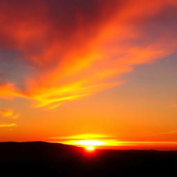 A breathtaking sunrise casting vibrant hot colors across the sky, with a single line of distant mountains silhouetted against the colorful dawn