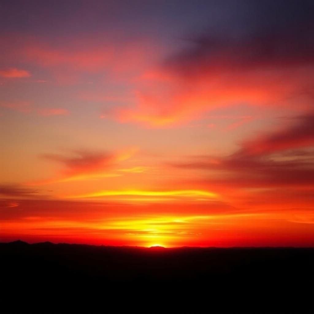 A breathtaking sunrise casting vibrant hot colors across the sky, with a single line of distant mountains silhouetted against the colorful dawn