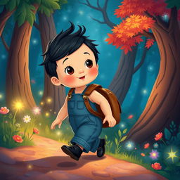 Illustrate a scene for a children's story featuring a 10-month-old baby boy with thick black hair, wearing a denim jumper and black shoes