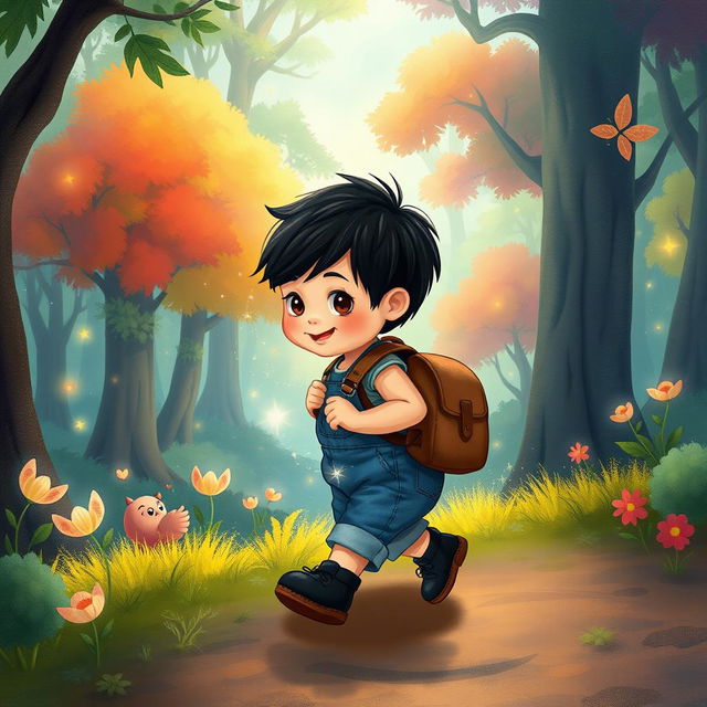 Illustrate a scene for a children's story featuring a 10-month-old baby boy with thick black hair, wearing a denim jumper and black shoes