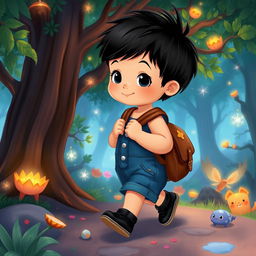 Illustrate a scene for a children's story featuring a 10-month-old baby boy with thick black hair, wearing a denim jumper and black shoes