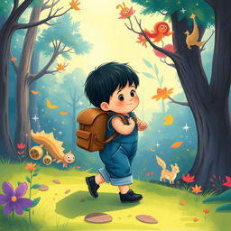 Illustrate a scene for a children's story featuring a 10-month-old baby boy with thick black hair, wearing a denim jumper and black shoes