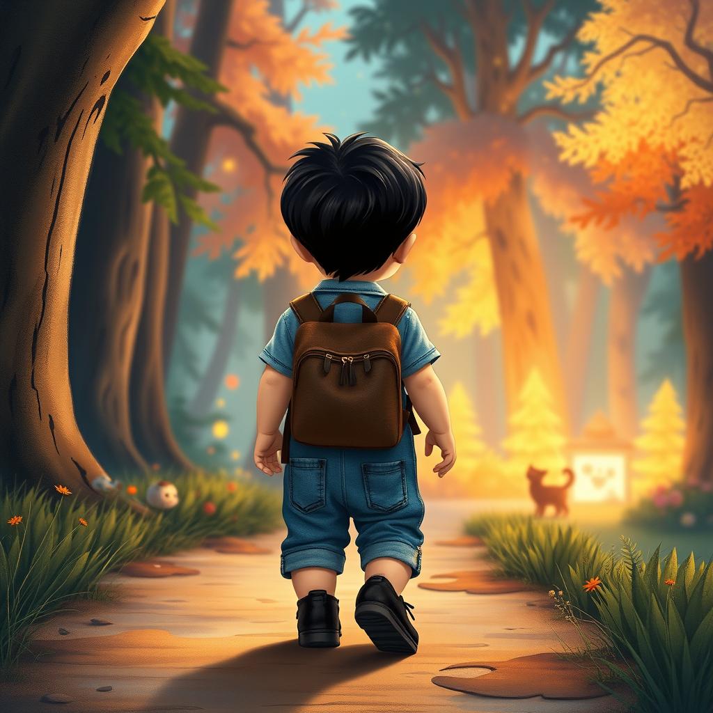 Illustrate a children's storybook scene showing a 10-month-old baby boy with thick black hair, dressed in a denim jumper and black shoes, walking away from the viewer