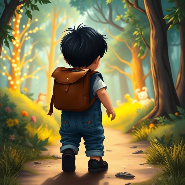 Illustrate a children's storybook scene showing a 10-month-old baby boy with thick black hair, dressed in a denim jumper and black shoes, walking away from the viewer