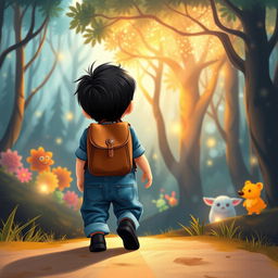 Illustrate a children's storybook scene showing a 10-month-old baby boy with thick black hair, dressed in a denim jumper and black shoes, walking away from the viewer