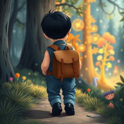 Illustrate a children's storybook scene showing a 10-month-old baby boy with thick black hair, dressed in a denim jumper and black shoes, walking away from the viewer