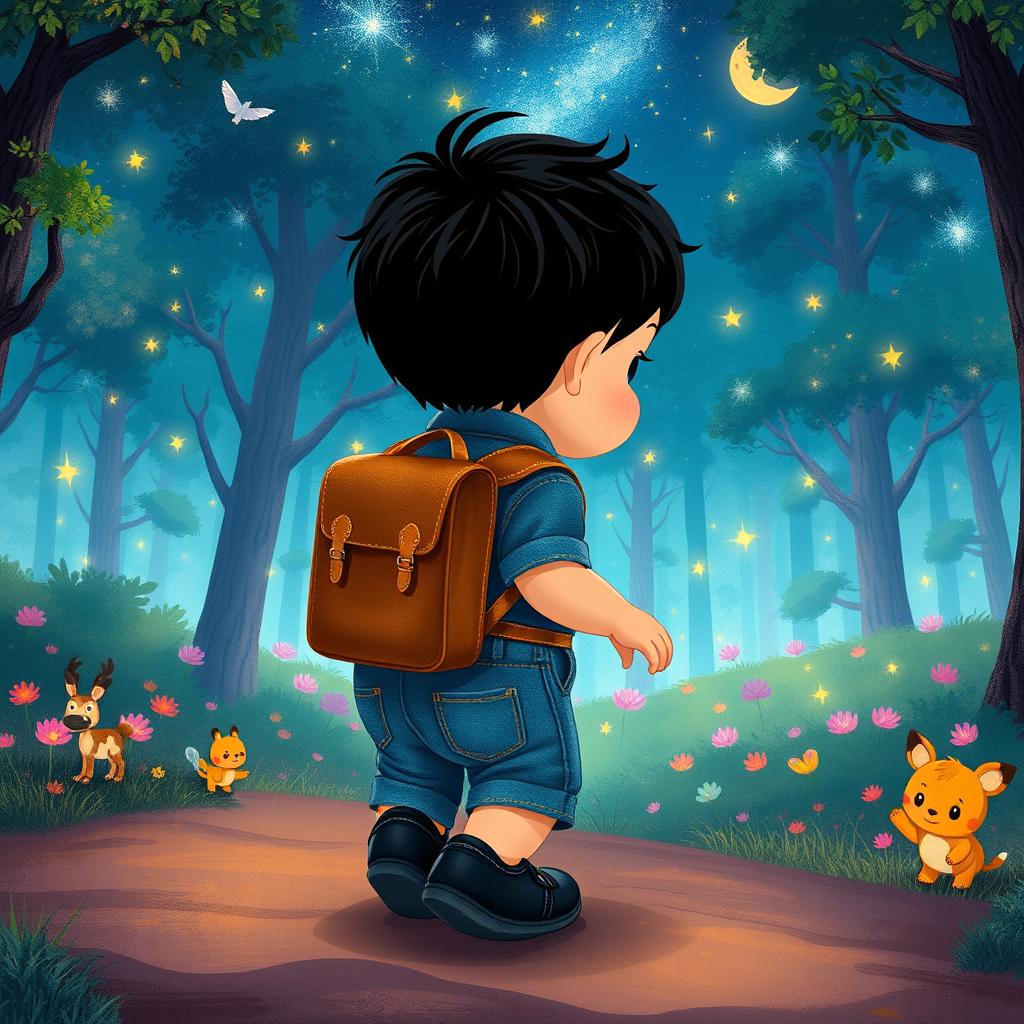 Craft an illustration for a children's story showcasing a 10-month-old baby boy with thick black hair