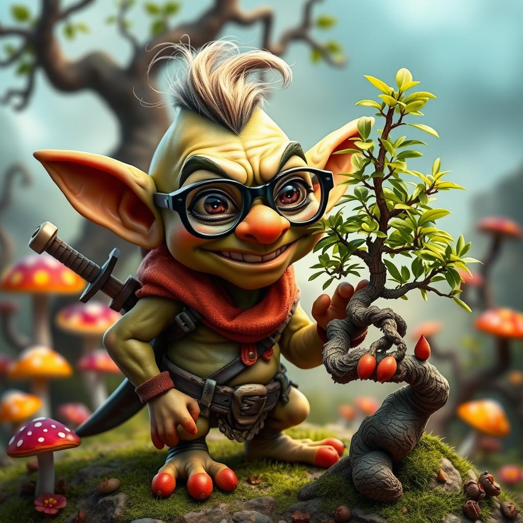 A whimsical goblin character wearing comical joke glasses with exaggerated features, a mischievous grin on its face