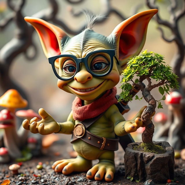 A whimsical goblin character wearing comical joke glasses with exaggerated features, a mischievous grin on its face