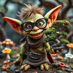 A whimsical goblin character wearing comical joke glasses with exaggerated features, a mischievous grin on its face