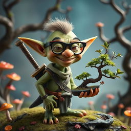 A whimsical goblin character wearing comical joke glasses with exaggerated features, a mischievous grin on its face