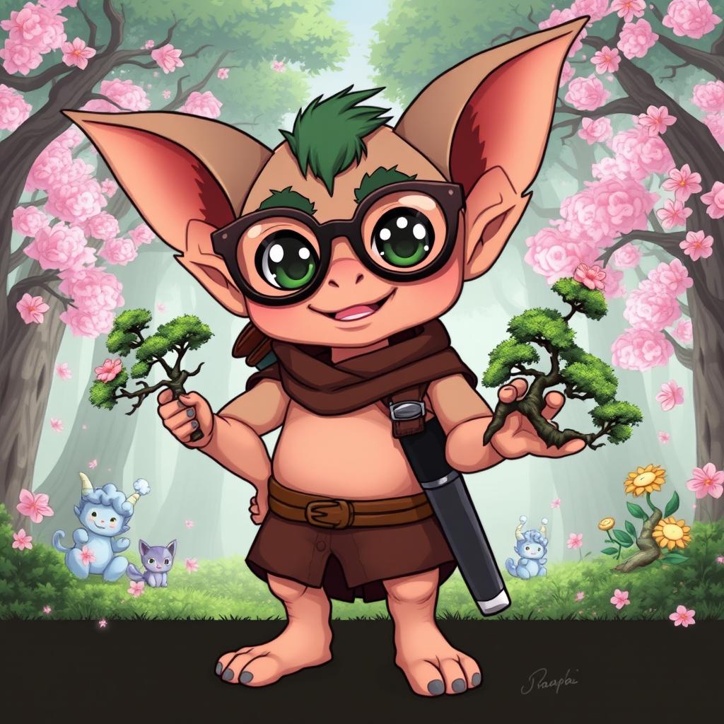 An anime-style goblin character sporting whimsical joke glasses with oversized lenses and a cheeky smile