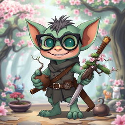 An anime-style goblin character sporting whimsical joke glasses with oversized lenses and a cheeky smile